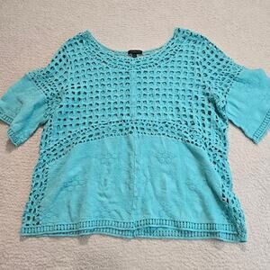 Lane Bryant Crochet Cut-out Top Bell Sleeves Teal Sz 20 Bohemian Craftcore